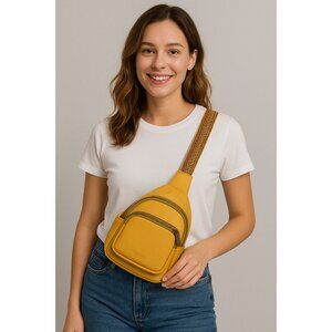 Yellow Mroede Sling Bag - Adjustable Strap - Zippered Pockets - Crossbody